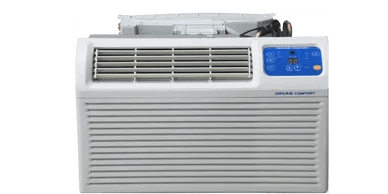 A large window air conditioner is shown with the controls on.