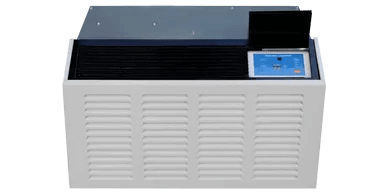 A white air conditioner with blue and black accents.