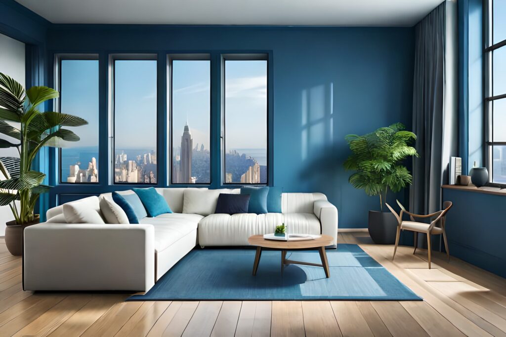 A living room with blue walls and white furniture.