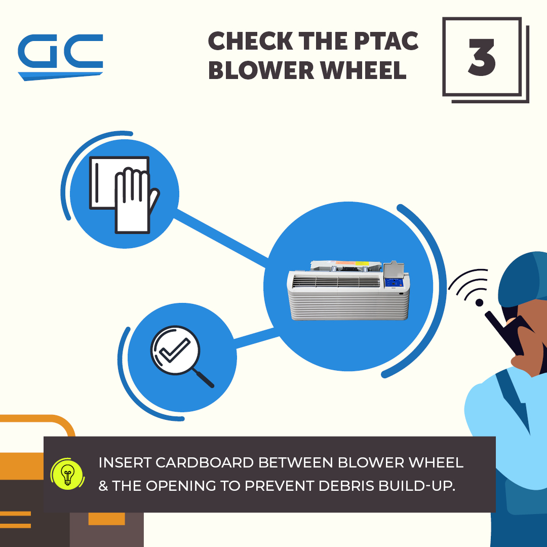 A graphic with instructions on how to check the ptac blower wheel.