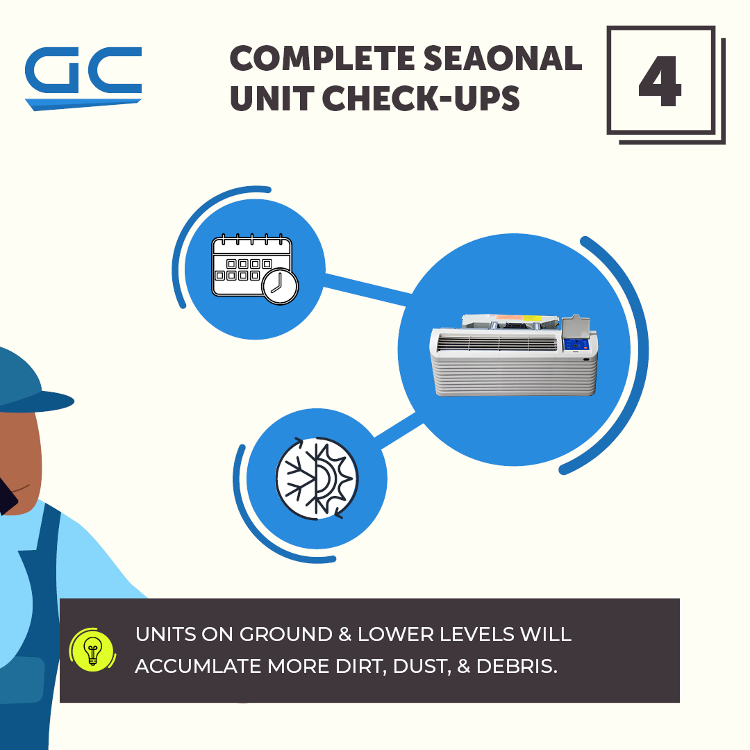 A graphic with the text complete seasonal unit check-ups.