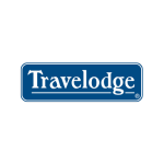 A blue and white logo of the travelodge.