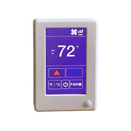 Silver HotelTech EMS thermostat with purple digital interface