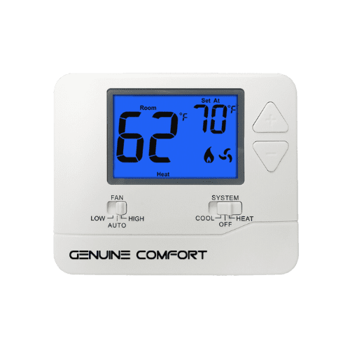 A grey Genuine Comfort Thermostat with a blue digital interface