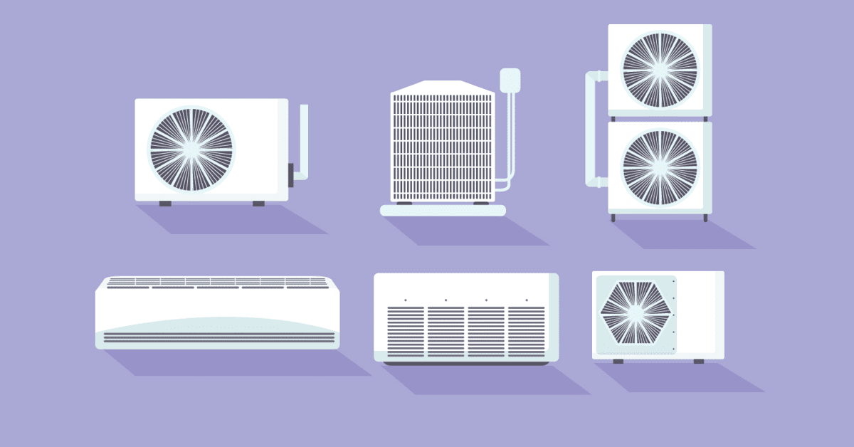 Two rows of HVAC AC and PTAC units lined up against a purple backdrop