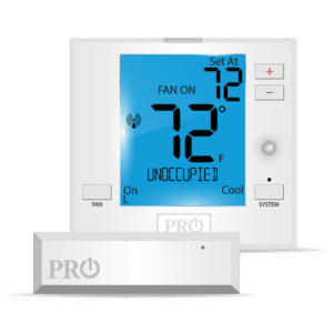 A wide clean white pro1 thermostat and sensor with blue digital interface