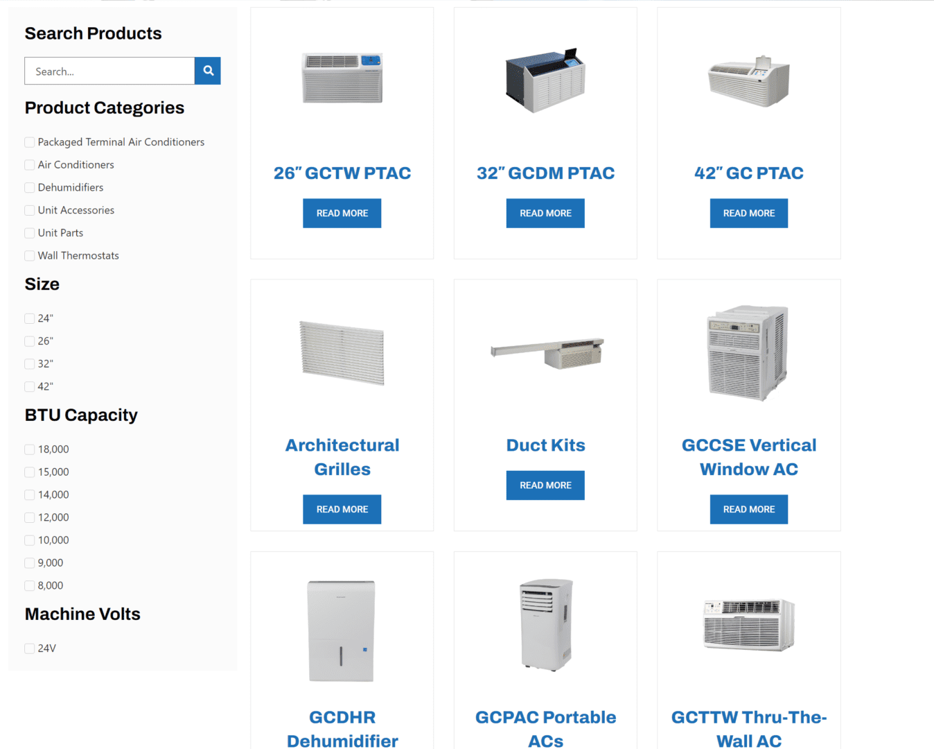 A screenshot photo of PTAC, AC and VTAC products