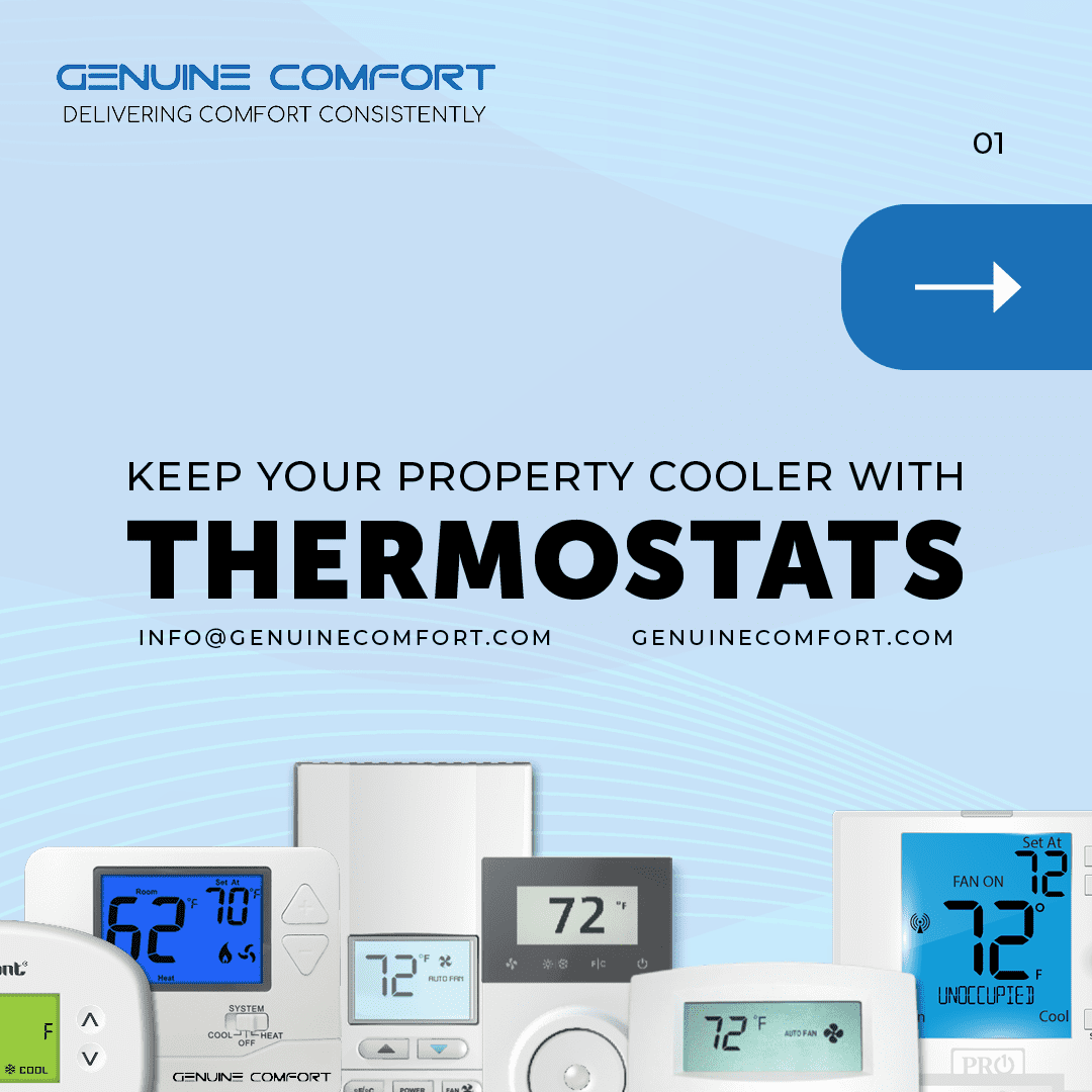 A blue backdrop with various thermostats arranged creatively.